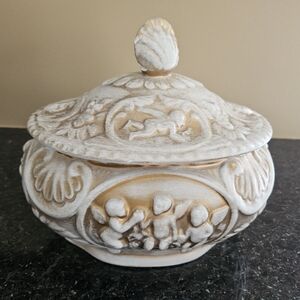 Vintage Cherub Serving Tureen Or Decorative Display- Cream W Gold Accents